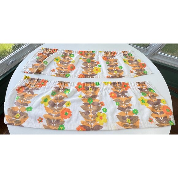 Vintage 1960s curtain valance, orange yellow brown flowers, tier panel, for 1 - Picture 5 of 10